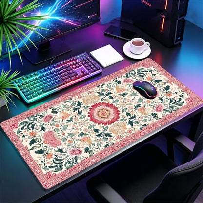 Pink Floral Large Gaming Mouse Pad with Stitched Edges,35.7" X 15.7" Thicken 3mm Extended Computer Office Desk Mat Pad,Gaming Mousepad Protector Non-Slip Rubber Base,Keyboard Mat Pink Desk Accessories - color: Classical Print
