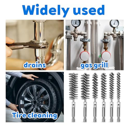 6 Pcs Stainless Steel Bore Brush Copper Pipe Cleaner, 6 Size Twisted Wire Cleaning Brush Set with 1/4 Inch Hex Shank for Cleaning Tubes Rust Bearings(8, 10, 12, 15, 17, 19mm)