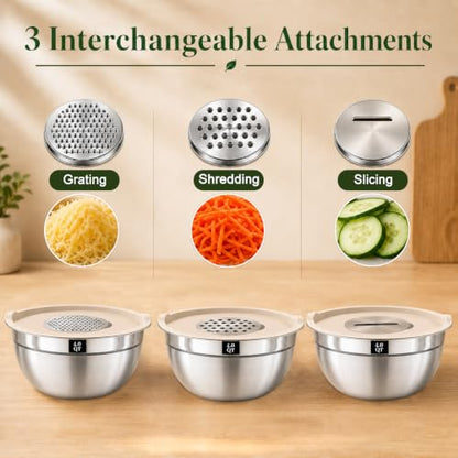 8PCS Stainless Steel Mixing Bowls with Lids - 5PCS Nesting Bowls, 3 Grater Attachments for 4.0 QT Bowl, Stainless Steel Mixing Bowls for Mixing & Serving, Size 1.5/2.1/3.5/4/4.5 QT, Khaki