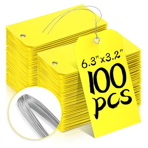 100 Pcs Waterproof Tags Writable Plastic Tags for Labeling Tag with Wire Tie Large Heavy Duty Tags Moving Tags Pipe Tags for Outdoors Car Garage Storage Box Equipment Parts (Yellow, 6 1/4" x 3 1/8") - color: Yellow, size: 6 1/4" x 3 1/8"