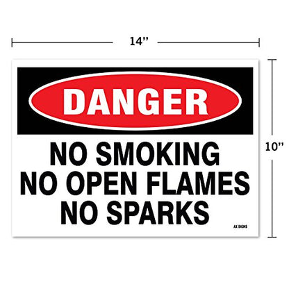 Danger: No Smoking No Open Flames No Sparks, 10 x 7 Inch, Black/Red on White, Self-Adhesive Vinyl Sticker