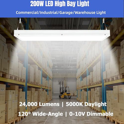 200W LED Linear High Bay Shop Light, 24000LM High Bay Led Shop Lights, 5000K Linear Hanging Shop Light, 600W-800W HPS Eqv., 100-277V Commercial Hanging Lamp for Garage Warehouse