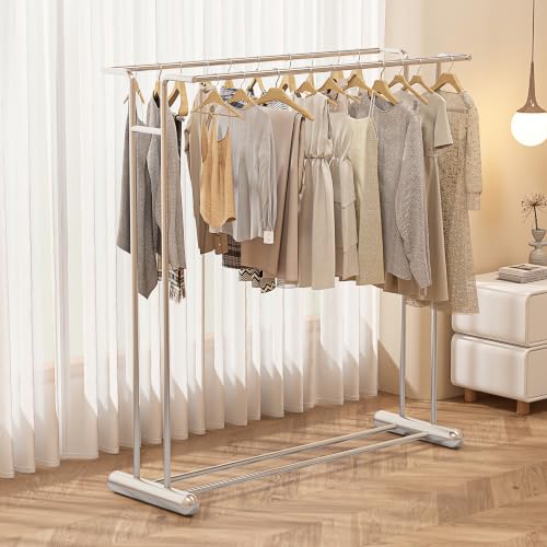 59.4" Double Rod Garment Rack, Metal Heavy Duty Freestanding Clothing Rack with Bottom Shelf, Modern Sturdy Clothes Racks for Bedroom, Boutique Retail Display & Laundry Room, Silver - color: silver