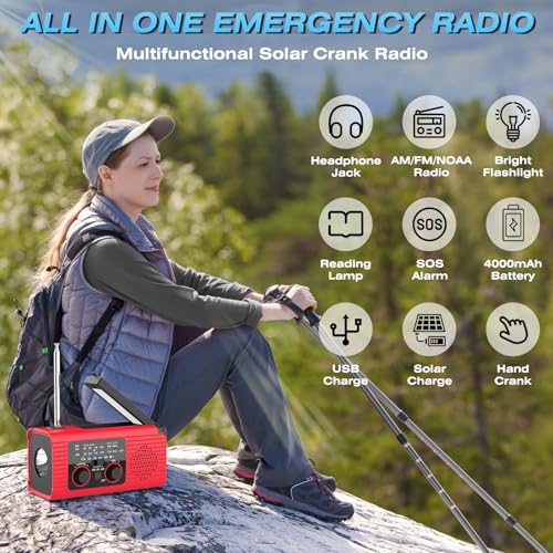 NITIGO Emergency Weather Radio, 4000mAh NOAA Weather Radio Solar Charging - color: Red, size: 4000mAh