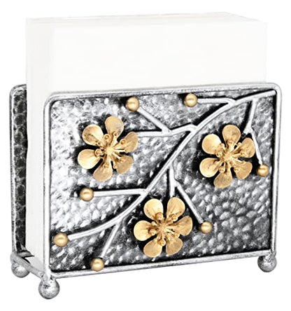 OwlGift Sakura Napkin Holder, Cherry Blossom Design Metal Freestanding Tissue Dispenser Organizer Iron Tabletop Paper Napkin Holder Stand for Home Kitchen Restaurant Picnic Party, Silver - color: V Silver