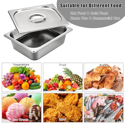 BSTKEY Stainless Steel Hotel Pans Half Size, 4 Inch Deep Steam Table Pan with Perforated Steam Tray and Lid, Warmer Breading Tray Food Pans for Kitchen Restaurant Supplies