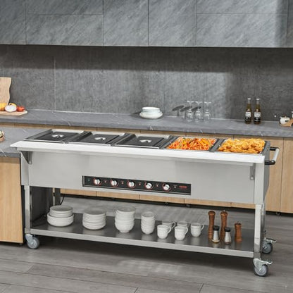 VEVOR 5-Pan Commercial Food Warmer, 5 x 20.6QT Electric Steam Table, 3750W Professional Buffet Catering Food Warmer with 4 Wheels (2 Lockable), Food Grade Stainless Steel Server for Party Restaurant - size: 5-Pan (103 QT)