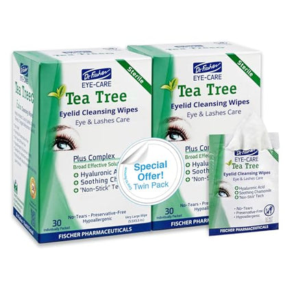 Dr. Fischer Tea Tree Oil Eye Wipes - Eyelid Wipes for Sensitive Eyes with Hyaluronic Acid and Chamomile, Makeup Remover, Daily Cleanser (60 wipes) - size: 30 Count (Pack of 2)