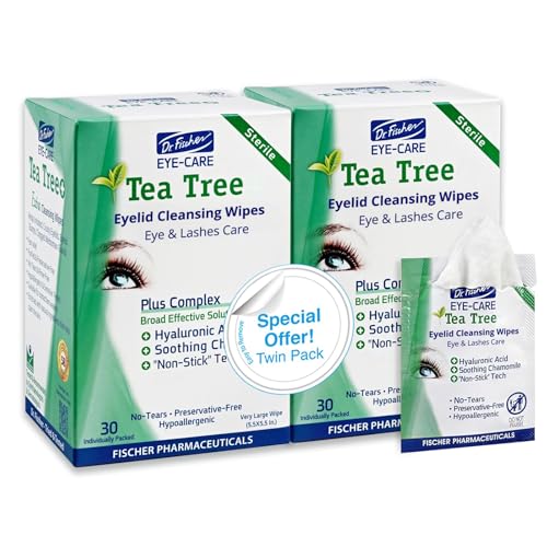 Dr. Fischer Tea Tree Oil Eye Wipes - Eyelid Wipes for Sensitive Eyes with Hyaluronic Acid and Chamomile, Makeup Remover, Daily Cleanser (60 wipes) - size: 30 Count (Pack of 2)