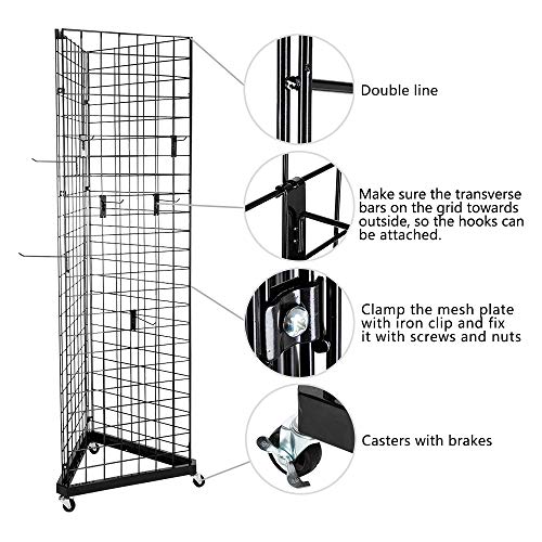 Bonnlo 6' x 2' Triangle Grid Panel Tower with Base and Casters, 5mm Wire, 220 lbs Capacity Wall Display Rack with 3 Sizes x 6 Hooks, Black