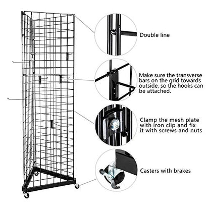 Bonnlo 6' x 2' Triangle Grid Panel Tower with Base and Casters, 5mm Wire, 220 lbs Capacity Wall Display Rack with 3 Sizes x 6 Hooks, Black