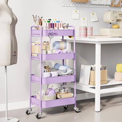 TOOLF 4 Tier Metal Rolling Cart, Utility Storage Cart with Wheels, Purple - color: Purple, size: 4-Tier