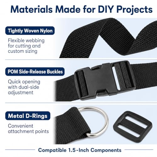 1.5 Inch Straps and Buckles Set, 12 Yards Nylon Webbing Strap, 12 Pack Release Buckles, 24 Tri-Glide Slide Clips, 12 Pack Metal D-Rings MaHeavy Duty Adjustable Quick Snap Fasteners, No Sewing Required - size: 1 1/2" 12 Pcs Buckle Set