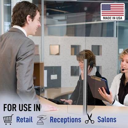 30" x 42" Acrylic Shield Plexiglass Sneeze Guard Barrier w/Cutout Transaction Opening, for Counters, Tables, Checkouts, or Desks - Shields and Protects from Coughing and Sneezing - Made in USA