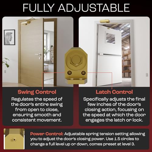 PrimeWare DC-600 Adjustable Automatic Door Closers for Home | Soft Close, No Slam | Residential and Commercial Door Closer | Level 1-6 | for Doors Weighing 30-300 lbs | Hydraulic Door Spring - Gold - size: Level 1-6, style: Gold
