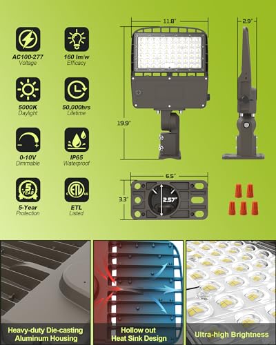 LED Parking Lot Light 200W/180W/150W Selectable, Dimmable 32000LM 160LM/W 5000K, Dusk to Dawn Photocell, IP65/ETL/100-277V, Arm Mount & Slip Fitter in 1 for Driveway, Commercial Area & Security - size: 200W/180W/150W Selectable