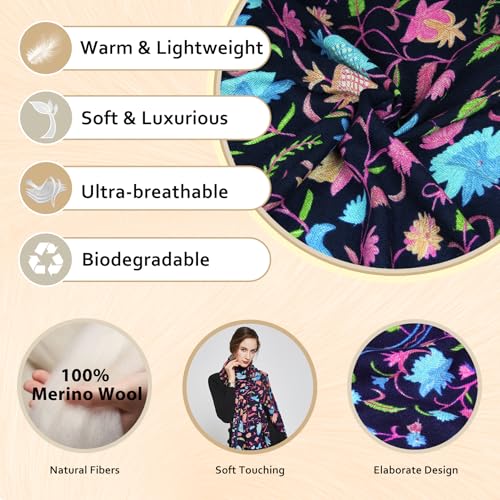 DANA XU 100% Merino Wool Extra Large Pashmina Shawl for Women - color: Navy Pink Floral