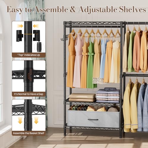 Golpart Heavy Duty Clothing Rack with Adjustable Shelves Clothes Wardrobe - color: Black, size: 15"DX(70-88)"WX74.5"H