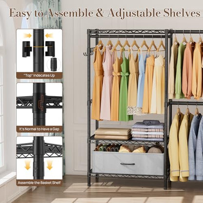Golpart Heavy Duty Clothing Rack with Adjustable Shelves Clothes Wardrobe - color: Black, size: 15"DX(70-88)"WX74.5"H