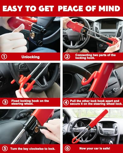 Tevlaphee Steering Wheel Lock Anti-Theft Car Device Heavy Duty Security Car Lock Antitheft Locking Devices Great Deterrent Adjustable Car Wheel Lock Anti Theft for Vehicle Truck SUV with 3 Keys (Red) - color: Red