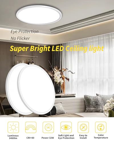 4Pack 16 Inch Led Flush Mount Ceiling Light,32W,3480LM,3000K/4000K/6000K 3CCT Selectable,White Ultra-Slim Ceiling Lighting Fixture,Round Low Profile Flat Panel Light for Bedroom,Kitchen,Hallway,Office - color: White, size: Non-Dimmable-16IN-4PACK
