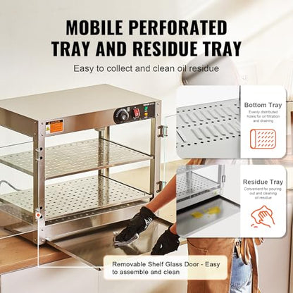 VEVOR 2-Tier Commercial Food Warmer Display, 800W Food Display Warmer with Light to Enhance Food Display, 86℉~185℉ Temperature Control, 58L Large Capacity for Hamburger, Pizza, Bread, Fried Chicken - size: 2-Tier-61Qt