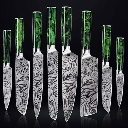 SENKEN 8-piece Engraved Japanese Kitchen Knife Set & Beautiful Green Resin Epoxy Handles - Wasabi Collection - Chef's Knife, Santoku, Cleaver, Paring, & More - size: 8-Piece Chef Knife Collection