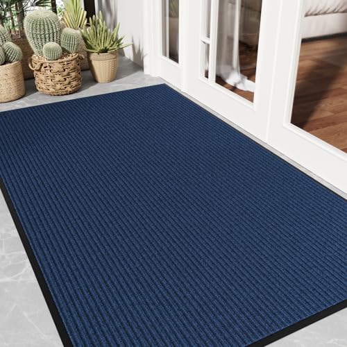 Dirt Trapper Door Mat 3' x 5', Non-Slip Heavy Duty Outdoor Mat, Absorbent Fade Resist, Low Profile Commercial Floor Mat, Durable Indoor Outdoor Front Door Mat for Mud Wet Shoes & Paws, Blue - color: Blue Striped, size: 3' x 5'