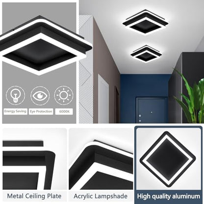 CANEOE Black Modern LED Ceiling Light, Square Flush Mount Ceiling Hallway Light Fxitures, 6000K Cold White Small Close to Ceilings Lamp for Bedroom Hallway Kitchen Balcony Cloakroom - color: All Black, size: 1 Pack