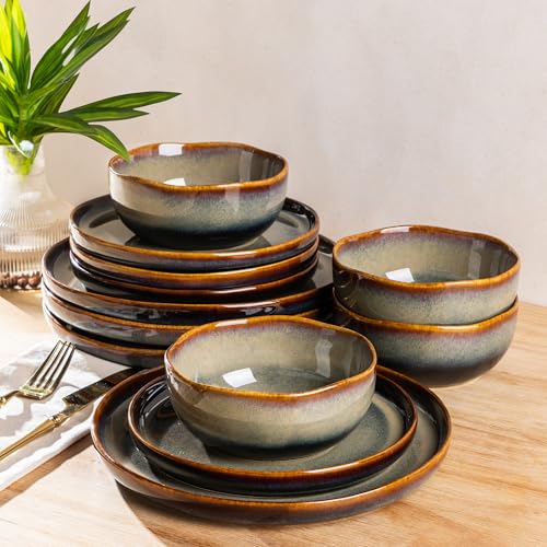 TheTerra Ceramic Dinnerware Set for 4, 12-Piece Plates and Bowls Set - color: Coffee Bean, size: Set (12pcs)
