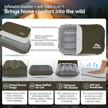 MARCHWAY Lightweight Compact Inflatable Camping Pillow with Soft Foam Top - color: Green