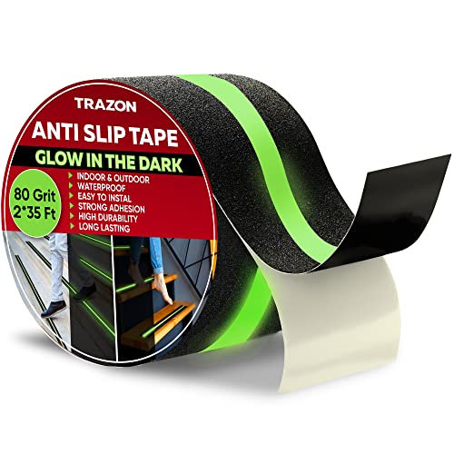 Grip Tape - Heavy Duty Anti Slip Tape for Stairs Outdoor/Indoor Waterproof Safety Non Skid Roll for Stair Steps Traction Tread Staircase Grips (2 Inch x 35 Feet, Black with Glow in The Dark Strips) - color: Black with Glow in the Dark Strips, size: 2 Inch