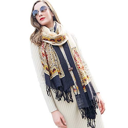 DANA XU 100% Merino Wool Extra Large Pashmina Shawl for Women - color: Navy Beige Paisley