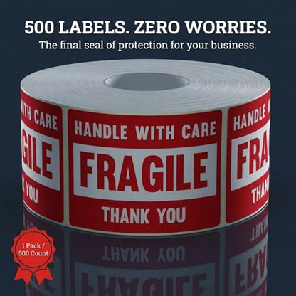 3” X 2” Fragile Handle with Care Warning Stickers, Fragile Tape for Packing and Shipping, Permanent Adhesive Labels 500 Per Roll (1 Pack)