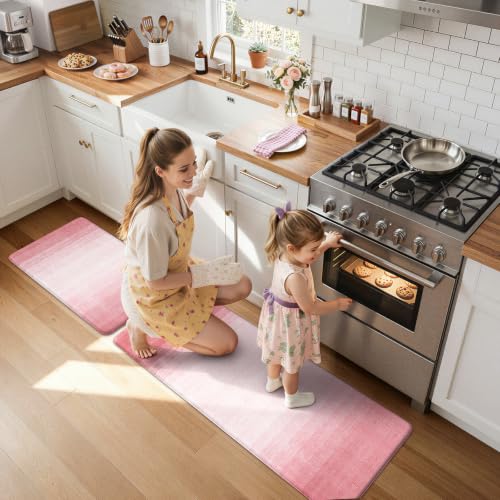 KIMODE Kitchen Anti Fatigue Mats, Boho Farmhouse Kitchen Rugs Sets of 2 - color: Gradient Pink, size: 17.3" x 47"+17.3" x 29"--0.47 inches