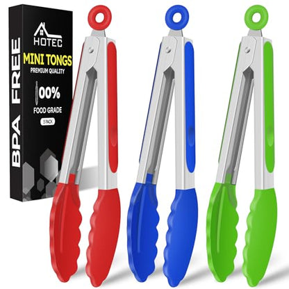 HOTEC Small Silicone Kitchen Tongs 7-Inch Mini Serving Tongs, Set of 3 - color: Red,Blue,Green