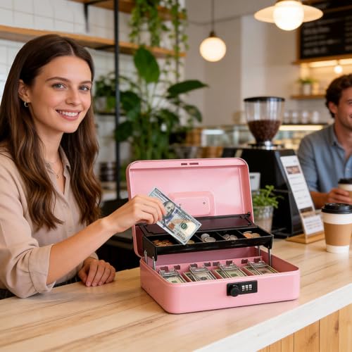 Jssmst Metal Cash Box with Money Tray and Lock, Portable Cash Drawer, 11.8" - color: Pink Code-C
