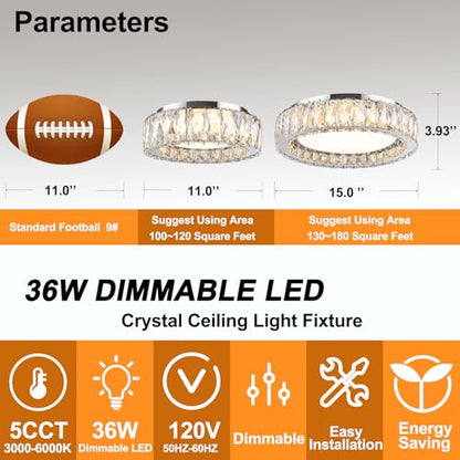 15 Inch Dimmable Modern Crystal LED Flush Mount Ceiling Light - color: Chrome, size: 15 Inch