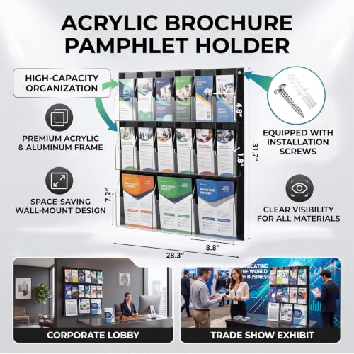 Sintuff Acrylic Brochure Rack 3 Magazine Holders 12 Pamphlet 31.7 x 28.3 Inch Wall Mounted Three Fold Brochure Rack Black Transparent Suitable for Data Storage in Offices School Homes