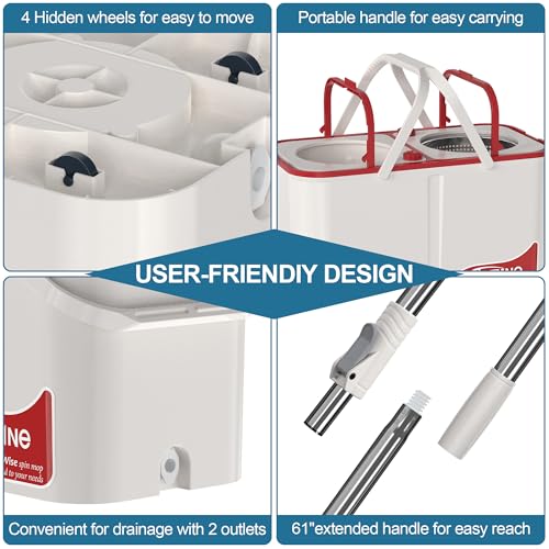 RinseWise Large Gen 1 Mop Bucket Set, Clean/Dirty Water Separation, Red - size: Large Gen 1- White/Red+6 Mop Heads