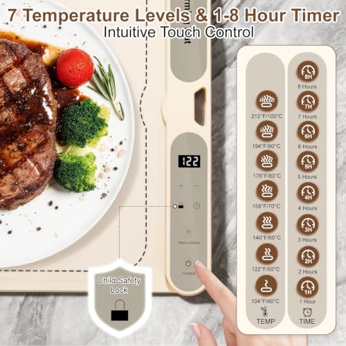Warming Mat for Food 47.2"x15" Extra Long, 700W Electric Food Warmer with Heat-Resistant Pad, Full Surface Heating, 7 Temp Settings, 8H Timer, Child Lock for Buffet, Parties & Family Gatherings - color: Beige, size: 47.2"x15"