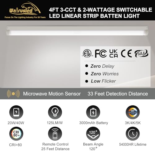 4FT Tri-Level Motion Sensor LED Linear Strip 10W Emergency Output Stairwell Light w/Remote, CCT 20W/40W 125lm/w, Battery Backup, 30K/40K/50K, Dimmable 4 Foot Commercial Shop Ceiling Light Fixture, ETL - size: 4FT 10W 1250lm EM Output