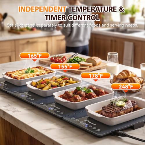 Warming Tray with Independent Temperature & Timer Control 33" x 15" Electric Warming Tray for Buffets Party Food Warmer with 17 Heat Levels 12H Timer Child Lock for Family Dinners Catering - size: 4 Panels（33" x15"）