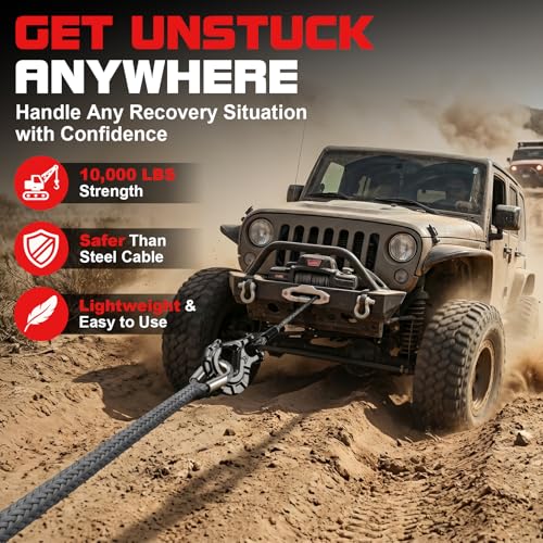 Synthetic Winch Rope Extension - 1/4'' X 50ft 10,000 LBS Heavy Duty Extension Winch Line Cable Replacement for ATV UTV Off Road Vehicle Jeep Truck - Grey - color: Grey, size: 1/4 Inch x 50 Feet