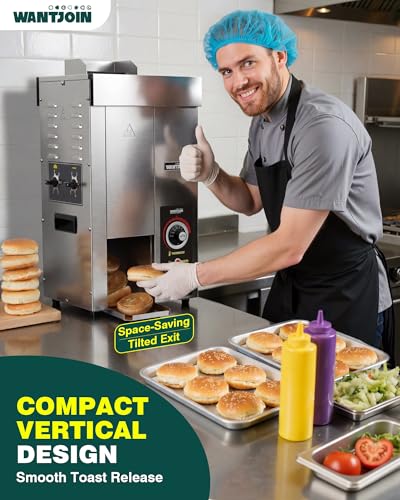 WantJoin Commercial Burger Machine - 1000 Slices/H, Automatic Commercial Conveyor Toaster, Pro EGO Temp Control Vertical Contact, Evenly Heating Adjustable Thickness for Hamburger Bun 1500W