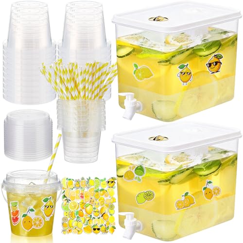 Funnymoom 93 Pcs Lemonade Stand Supplies Include 2 Pack 2.3 Gallon Iced Beverage Dispenser with Spigot 30 Sets 16 oz Lemonade Drink Buckets with Handle Lids Straws Stickers for Party Outdoor Summer