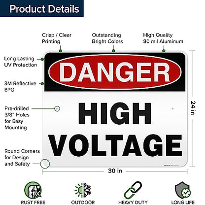 Danger High Voltage Sign, 24x30 Inches, 3M EGP Reflective, Rust Free .080 - size: 24x30 - Aluminum Reflective