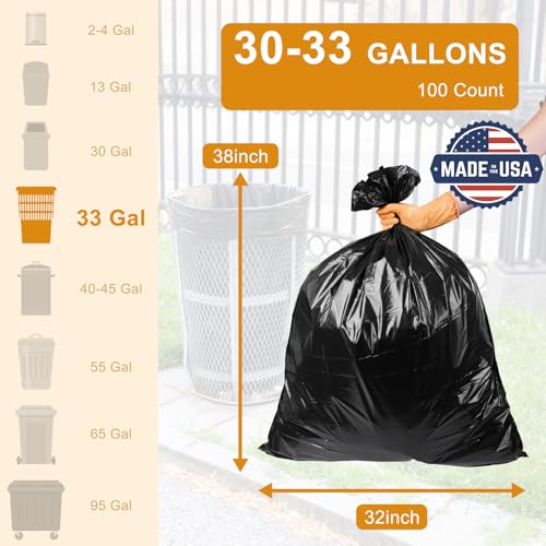 100 Pack, 30-33 Gallon Trash Bags, Medium Duty Black Garbage Bags 32"x38", Plastic Bolsas de Basura, Durable & Puncture-Resistant, Made in USA for Kitchen, Yard, Office - style: 33Gal-100 pcs-0.6