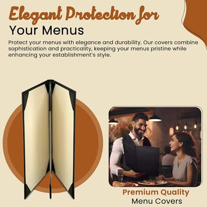Prestine Menu Covers Made of Premium Faux Leather (10-Pack) - 5.5" x 11" - 4 Views - Black - Restaurant Menu - Wine List - Bar Menu - size: 5.5”x11” - 4 Views