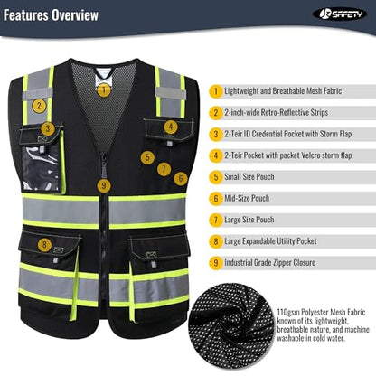 JKSafety Safety Vest for Men Women Hi Vis Reflective Vest JK220 Black S - color: Jk220-black, size: Small